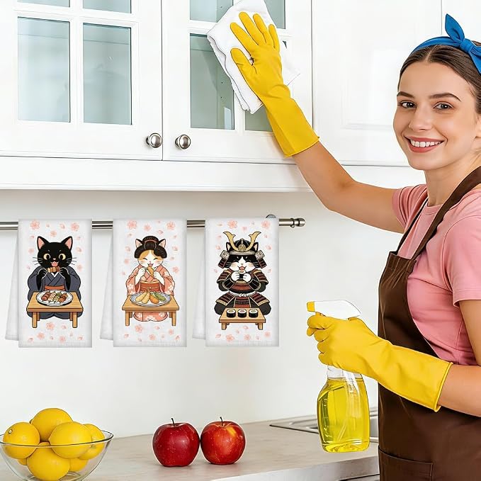 WADORN 4 Styles Funny Cats Kitchen Towels - Image 6