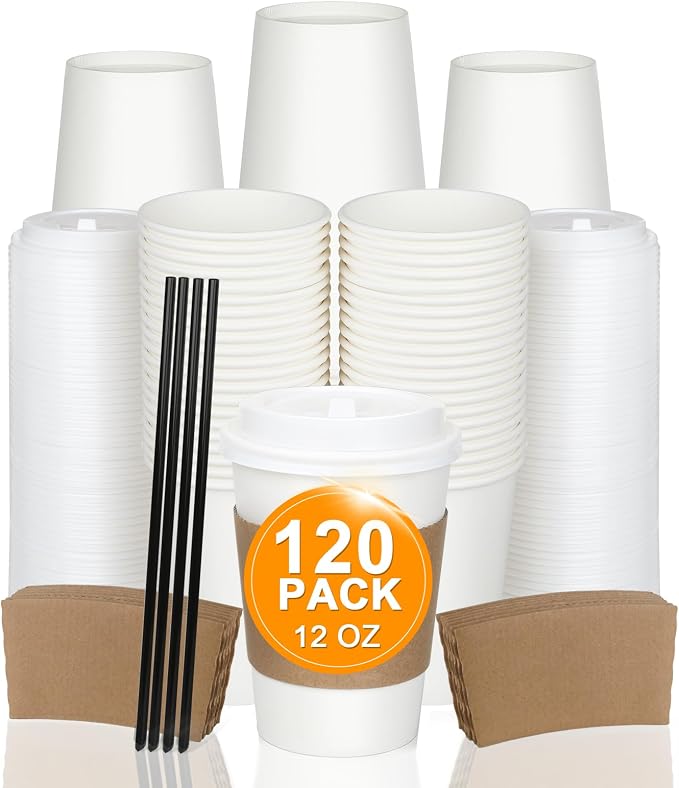 RAZCC 120 Pack 12 oz Paper Coffee Cups Set, Disposable White Coffee Cups by RAZCC