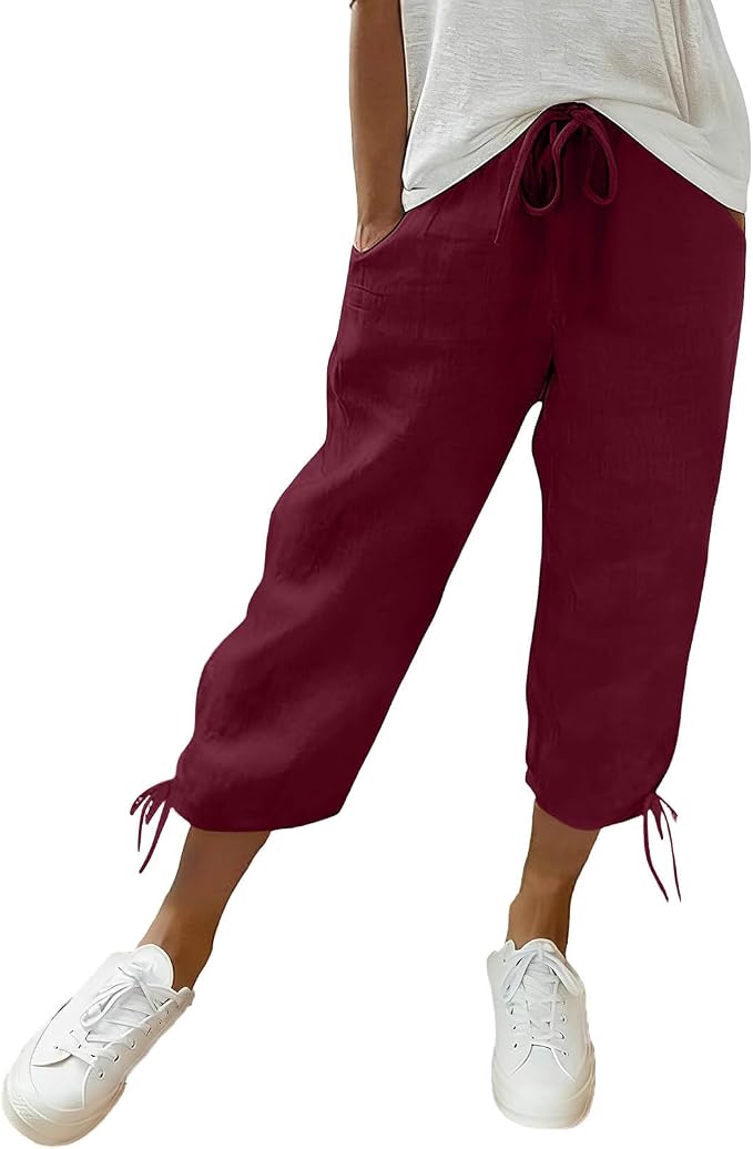 Linen Capri Pants for Women Drawstring Elastic Wide Leg Trouser 2026 Summer by Unknown