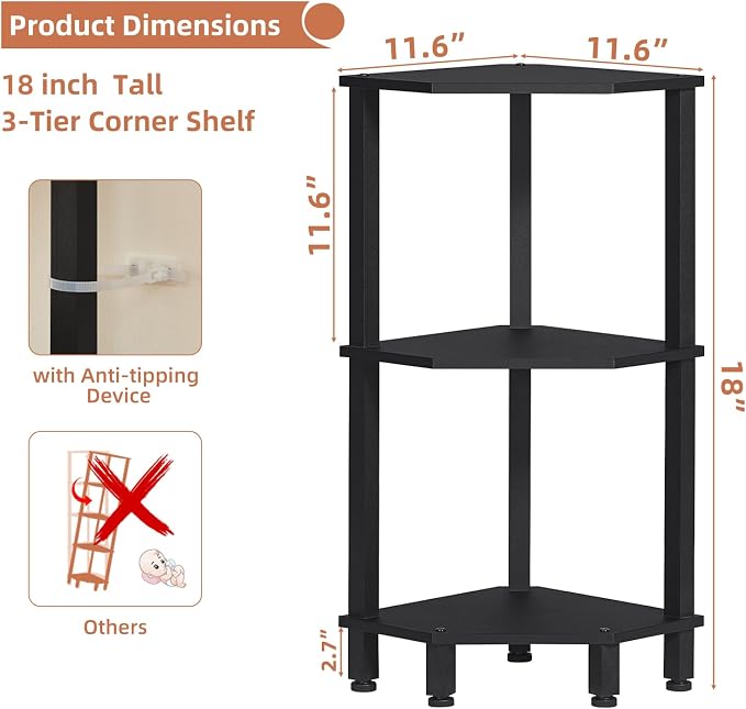 YUFAM 3-Tier Corner Shelf with Sturdy 5-Leg Base, Wooden Corner Bookshelf - Image 3
