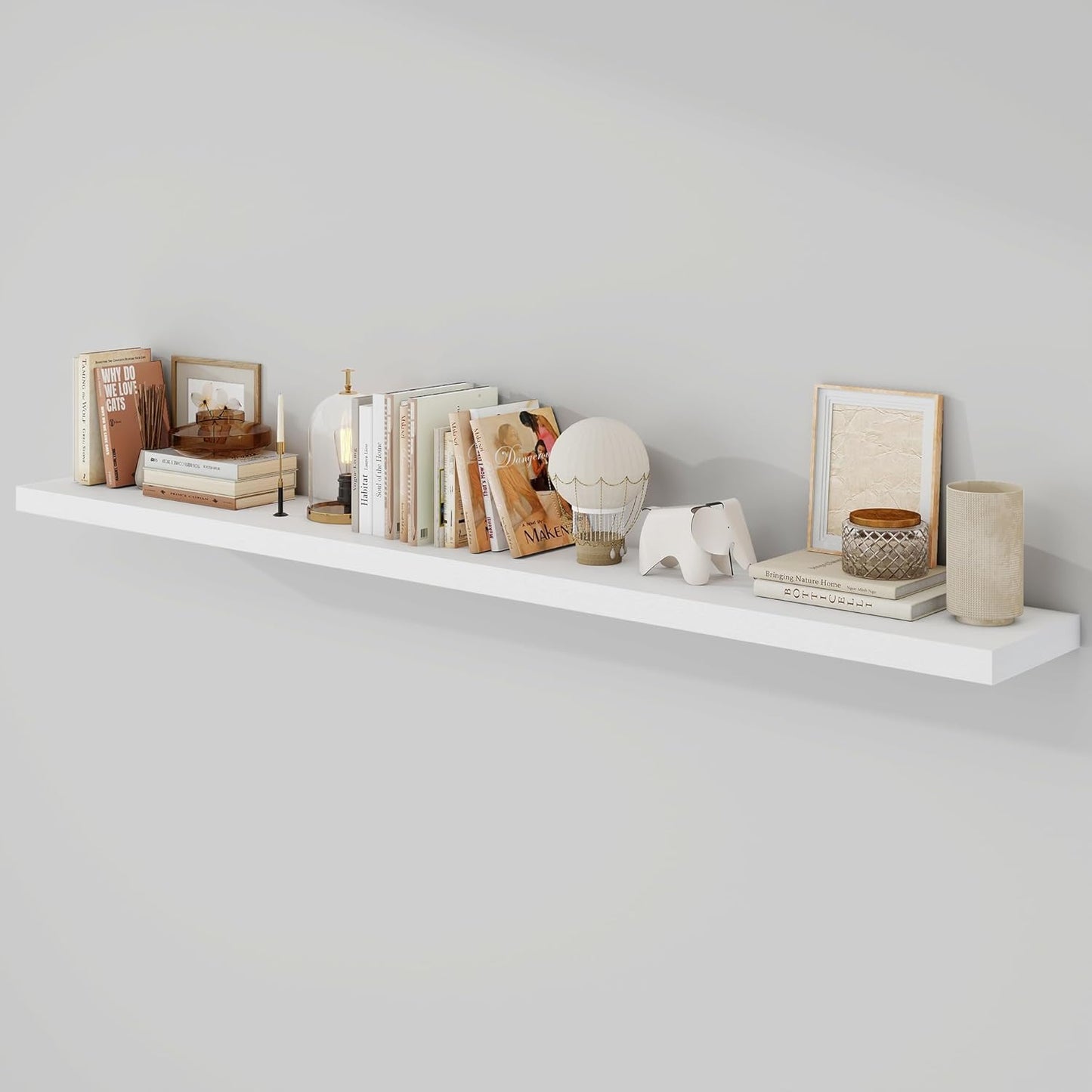 72 Inch Floating Shelves, 9.3" Deep Floating Shelf Wall Mounted, 72" Wall Shelves, Rustic Deep Bookshelf, Large Display Shelves & Storage Shelves for Bedroom, Living Room, White, Set of 1