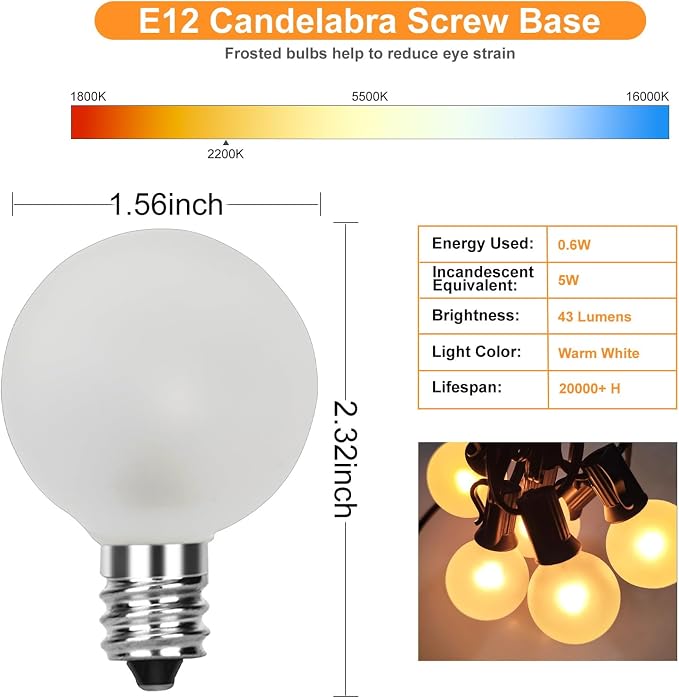 25 Pack G40 Frosted Replacement Bulbs, 5W Globe Light Bulbs Fits E12 Candelabra - Image 2