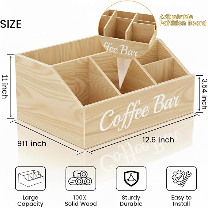 Coffee Station Organizer for Countertop – Wooden Coffee Bar Organizer - Image 4