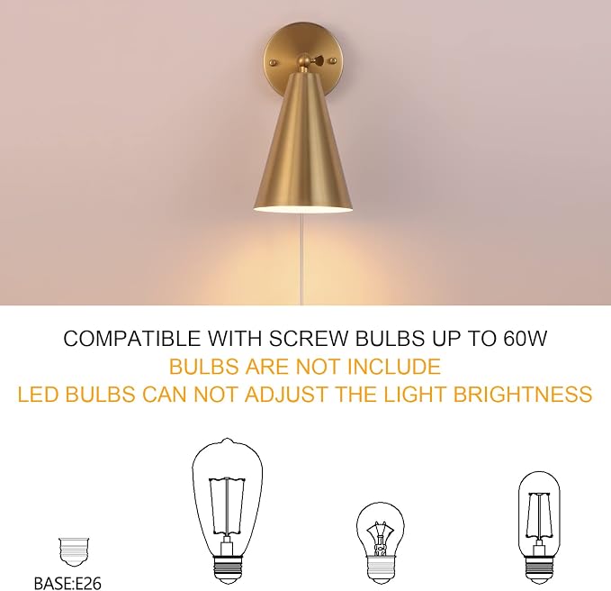 MWZ Gold Wall Sconces Set of Two Plug in, Brass Modern Dimmable Sconces - Image 7