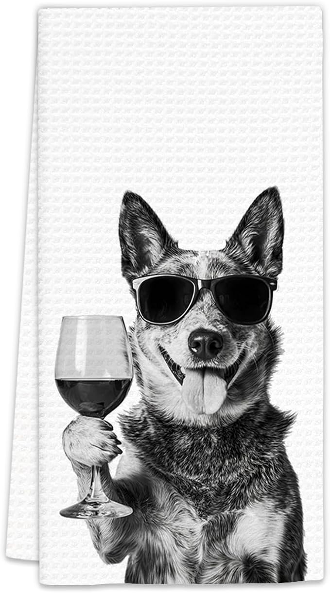 Blue Heeler Gifts Wine Kitchen Towels, Gifts by FIicy