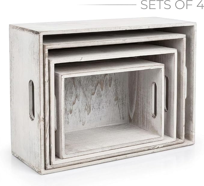 Oojami 4 Pack Nesting Wooden Storage Crates – Decorative Whitewashed Wood Boxes - Image 2