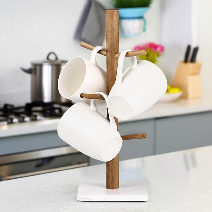 Buruis Wood Mug Holder, Marble Base Cup Rack Tree, Cup Stand Hanger, Kitchen - Image 8
