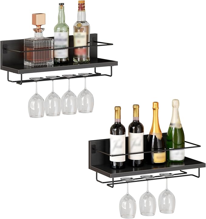 HOOBRO Wall Mounted Wine Rack 2 Pack, Hanging Wine Shelves, Wine Glass Bottle - Image 9