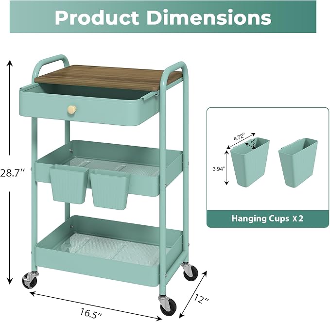 danpinera 3 Tier Rolling Cart, All-in-One Art Cart Organizer on Wheels - Image 2