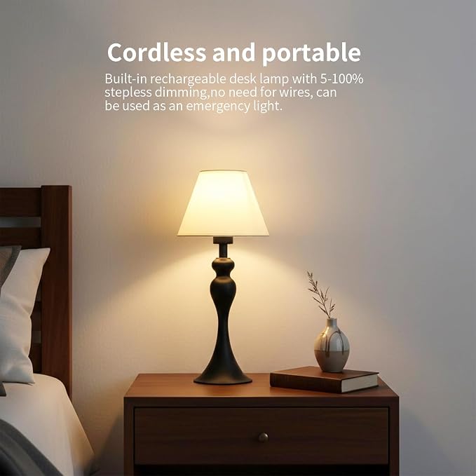 Cordless Table Lamp, Portable Fabric Shade LED Desk Lamps, 5200mAh Battery - Image 2