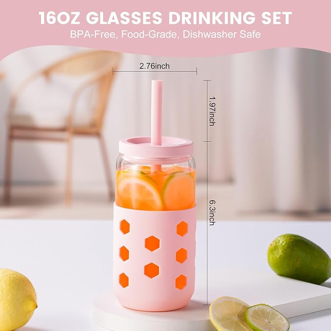 Mrsdry Glass Cups with Lids and Straws, 16oz Drinking Glasses Set with Silicone - Image 6