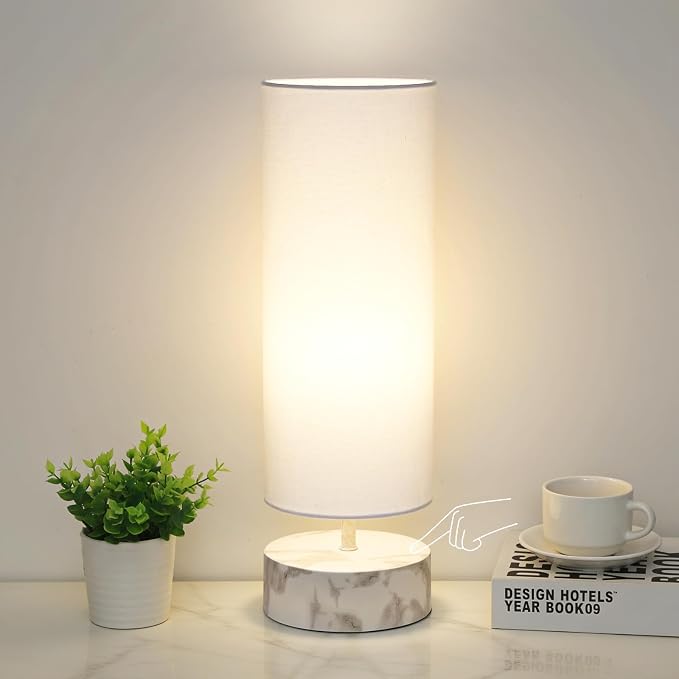 Touch Table Lamp with Metal Base Covered with Marble Grain, 3 Way Dimmable by Seasidevillage