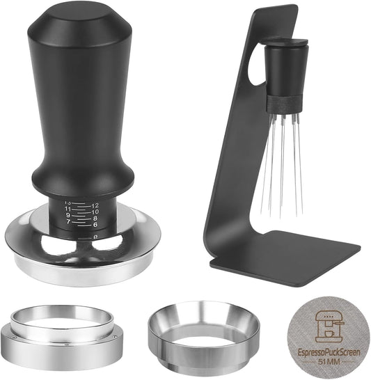 51mm Espresso Tamper Kit - Dual-Spring Calibrated Coffee Tamper, 8-Needle WDT Tool Espresso Distribution Tool, Magnetic Aluminum Dosing Funnel, Reusable Puck Screen, Fit for 51mm Portafilters