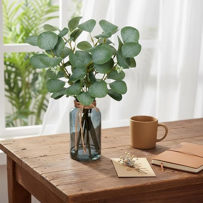 Briful Artificial Eucalyptus Stems in Black Glass Vase - Image 4