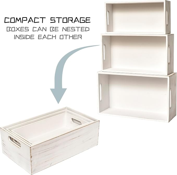 Set of 3 White Wooden Boxes for Storage Small Crates for Display and Organizing - Image 7
