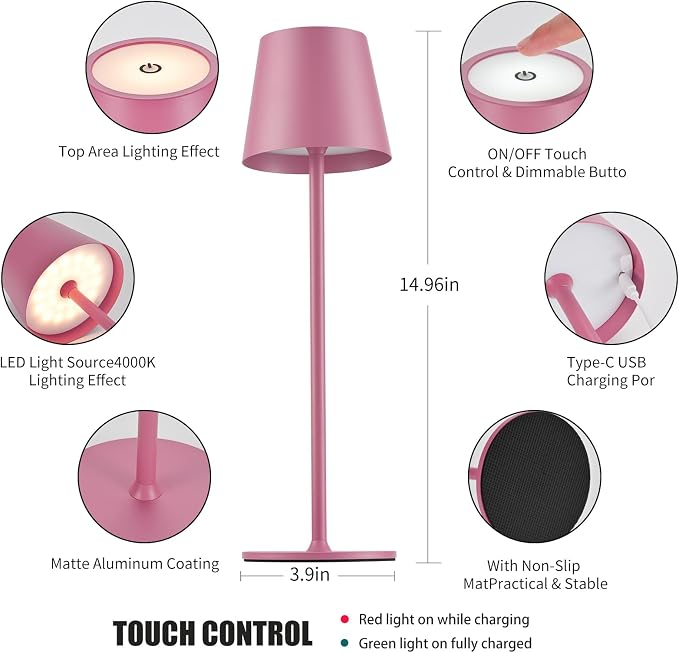 BGFHome Cordless Table Lamp LED Desk lamp, 5000mAh Rechargeable Touch Night - Image 2