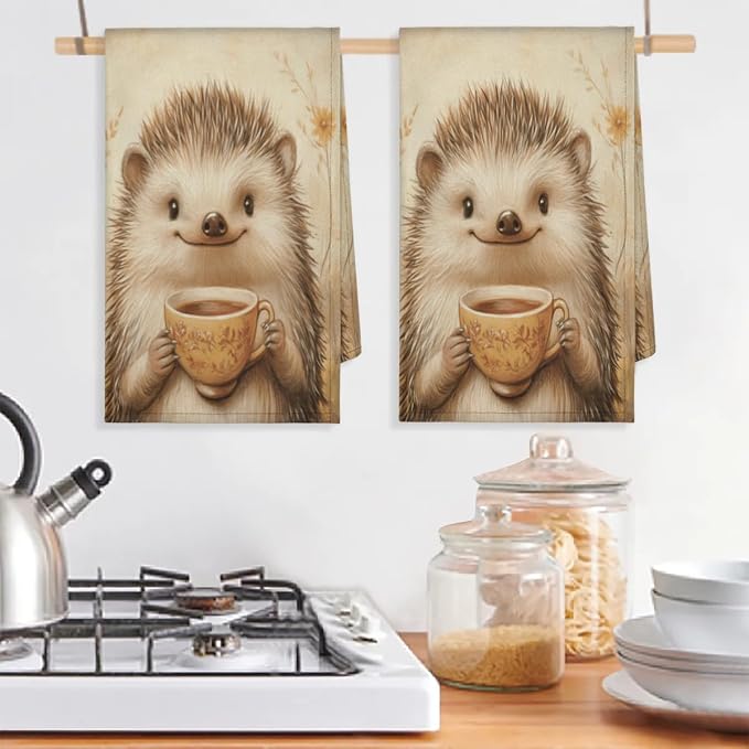 Vintage Hedgehog Kitchen Towels Set of 2 Coffee Cup Dish Towels Bar Absorbent - Image 5