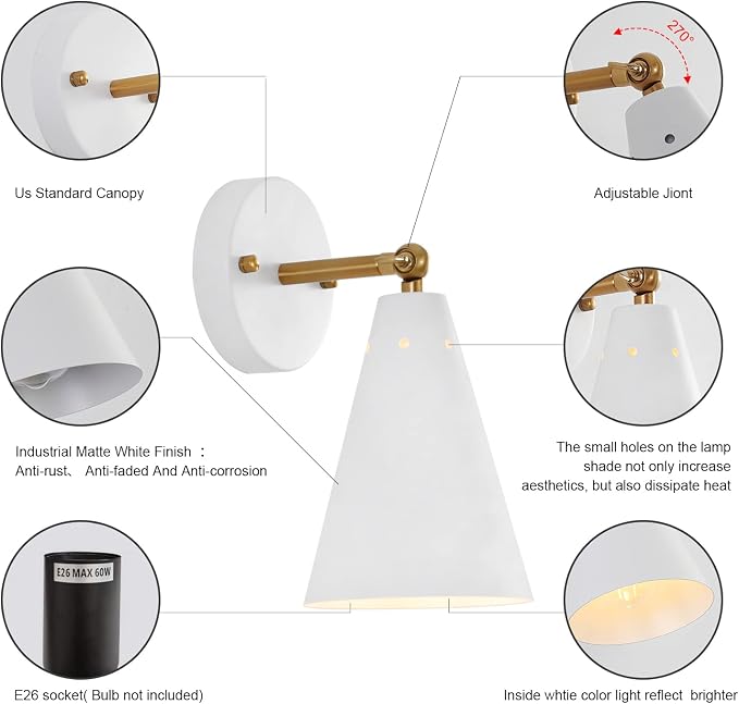 MWZ White Wall Sconces Set of Two, Modern Sconces Light Fixtures Hardwired - Image 5