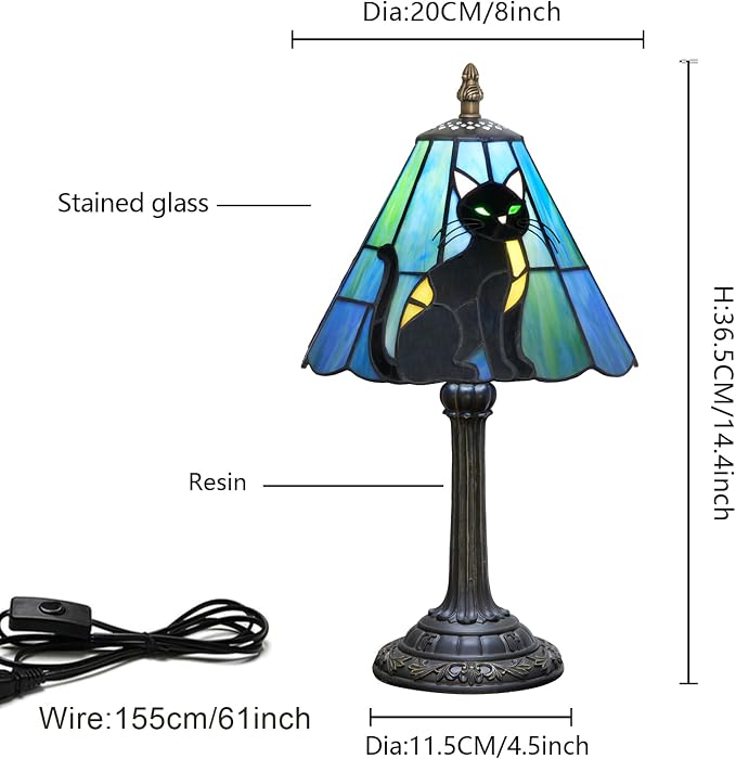 Tiffany Lamp Stained Glass Table Lamp 8X8X14 Inches Black Cat Style Living Room - Image 8