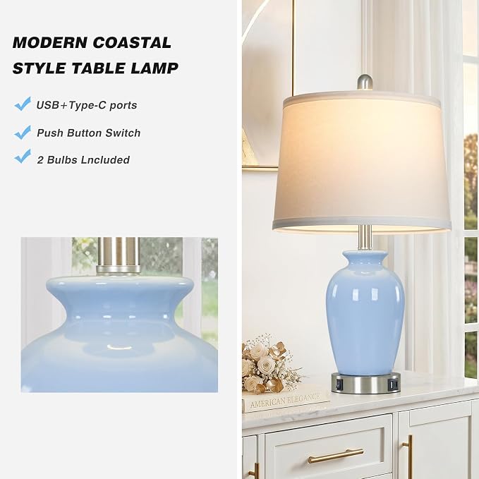 Cinkeda 23" Light Blue Ceramic Table Lamp Set of 2 - Image 6