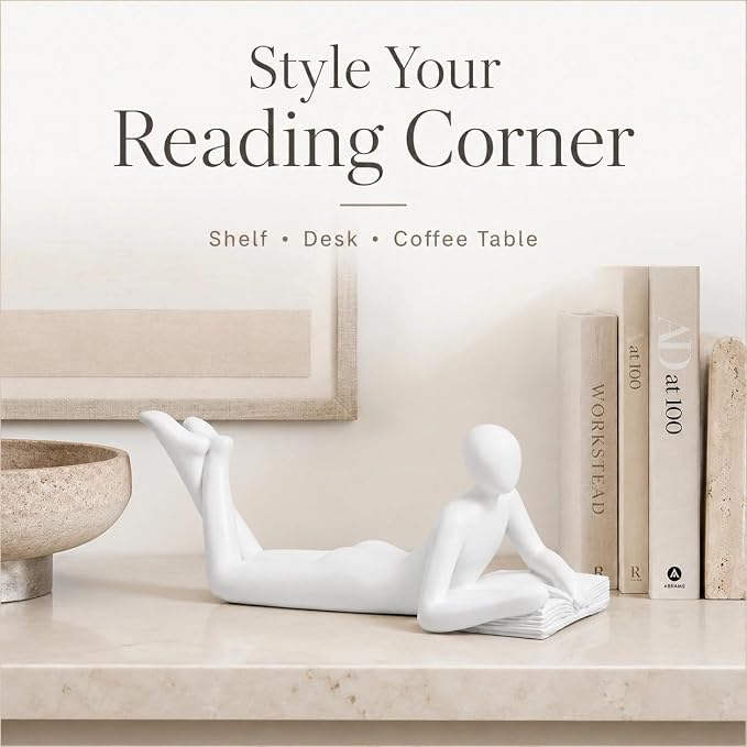 White Reading Statue Style A, Abstract Reader Figurine, Resin Book Decor - Image 3