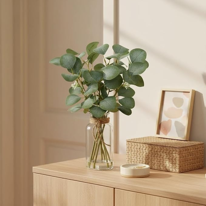Briful Artificial Eucalyptus Stems in Glass Vase - Image 3