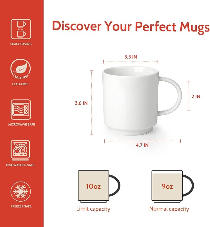 Sweese 10 Oz Stackable White Coffee Mug, Porcelain Coffee Mugs Sets of 6 - Image 2