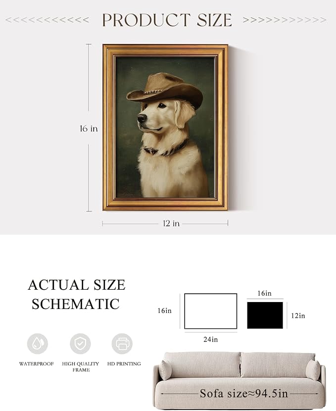ARPEOTCY Gold Framed Canvas Wall Art, 12x16 Inch Funny Cowboy Dog Portrait - Image 5
