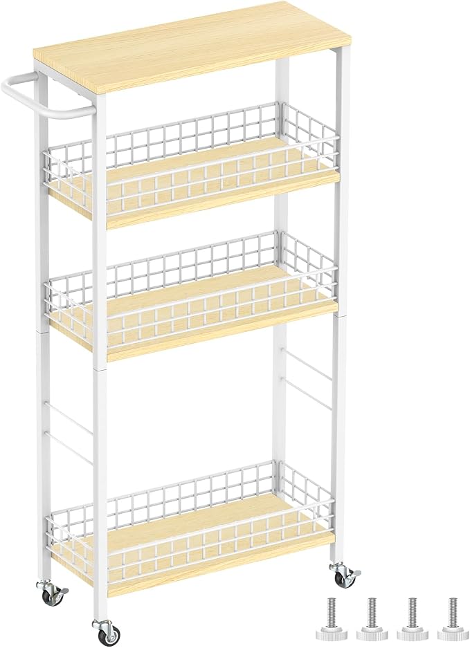 YBING Slim Storage Cart 4-Tier Rolling Kitchen Utility Cart White Narrow by YBING