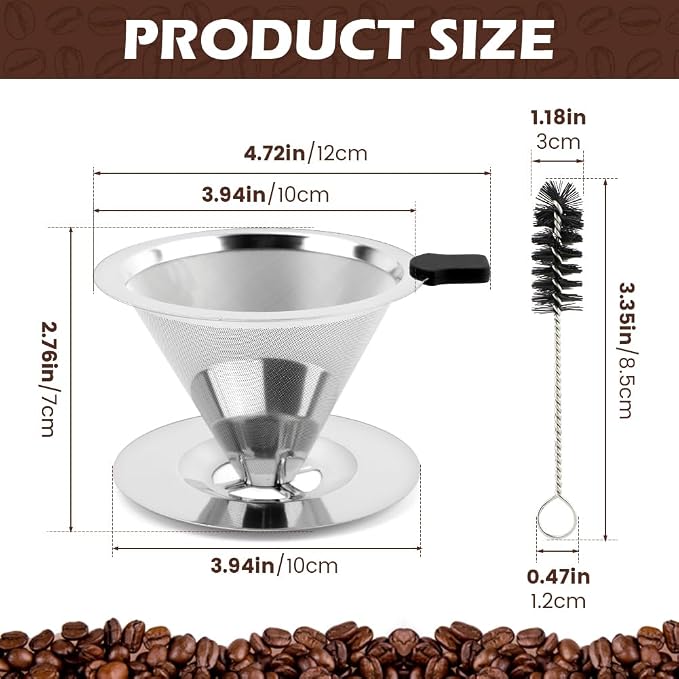 Pour Over Coffee Dripper with Cleaning Brush, Stainless Steel Cone Coffee - Image 2