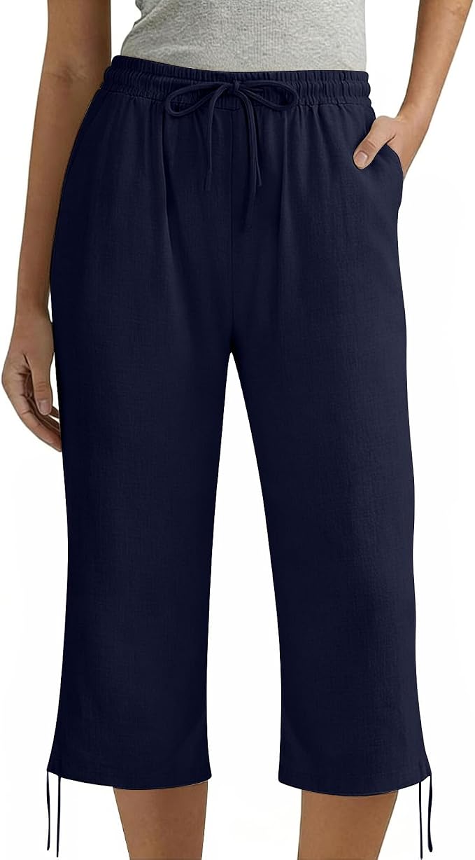 Linen Capri Pants for Women Drawstring Elastic Wide Leg Trouser 2026 Summer - Image 5