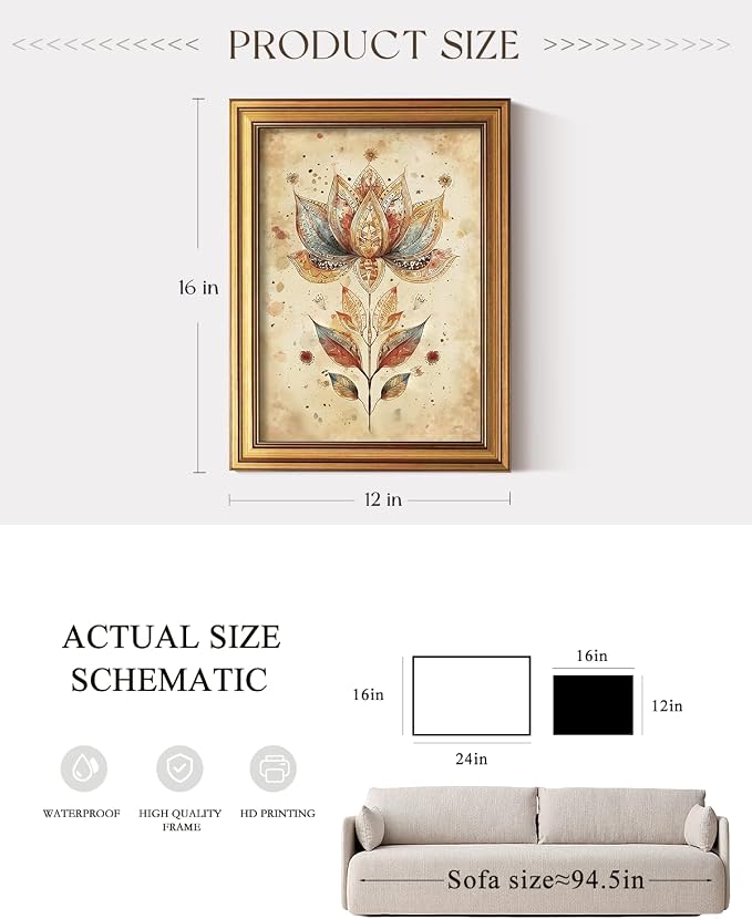 ARPEOTCY Gold Framed Canvas Wall Art, Boho Lotus Flower Wall Decor, Farmhouse - Image 4