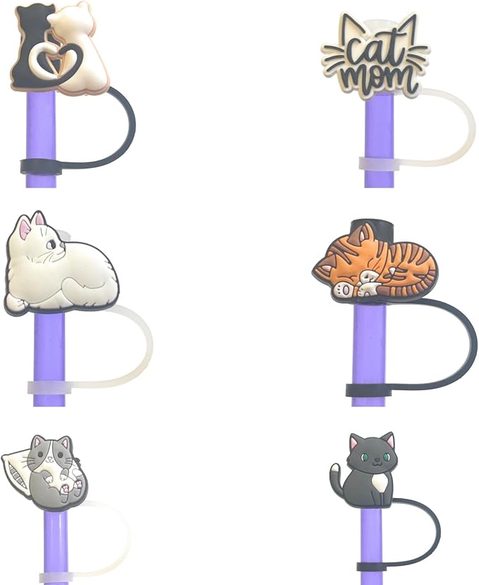 6 Pack 8mm Straw Toppers Cute Kitten by ThirstTrapDrinkware