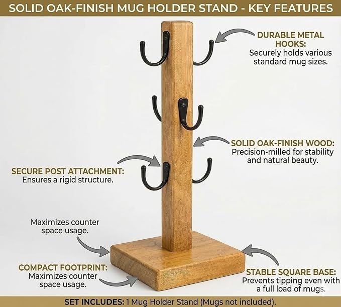 Coffee Mug Tree Stand for Countertop, Wooden Mug Holder - Image 6