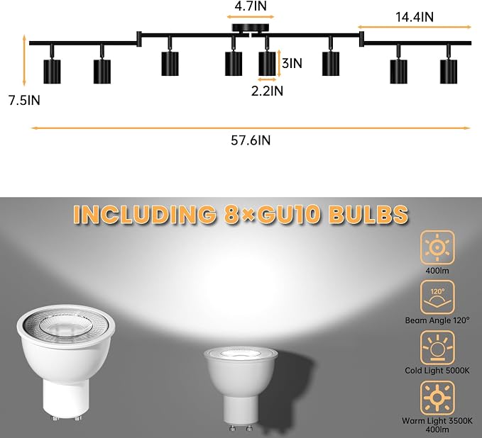 LED 8 Light Track Lighting Kit, 3 Color Adjustable Ceiling Spot Lighting - Image 3