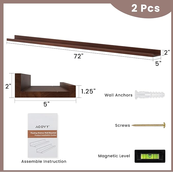 Acovy Long Floating Shelves for Wall, 72 inch Solid Wood Picture Ledge Shelf - Image 3