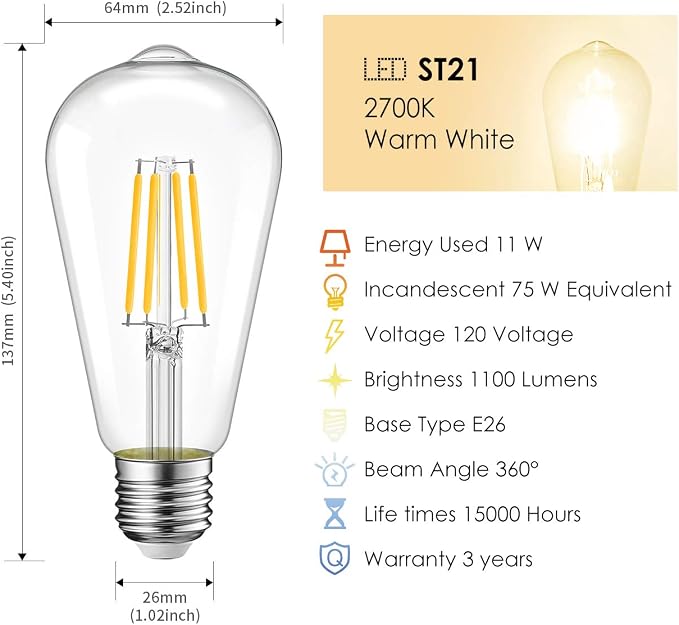 LVWIT 6 Pack Vintage LED Edison Bulbs 75W Equivalent 11W 1100LM Dimmable ST64 - Image 4