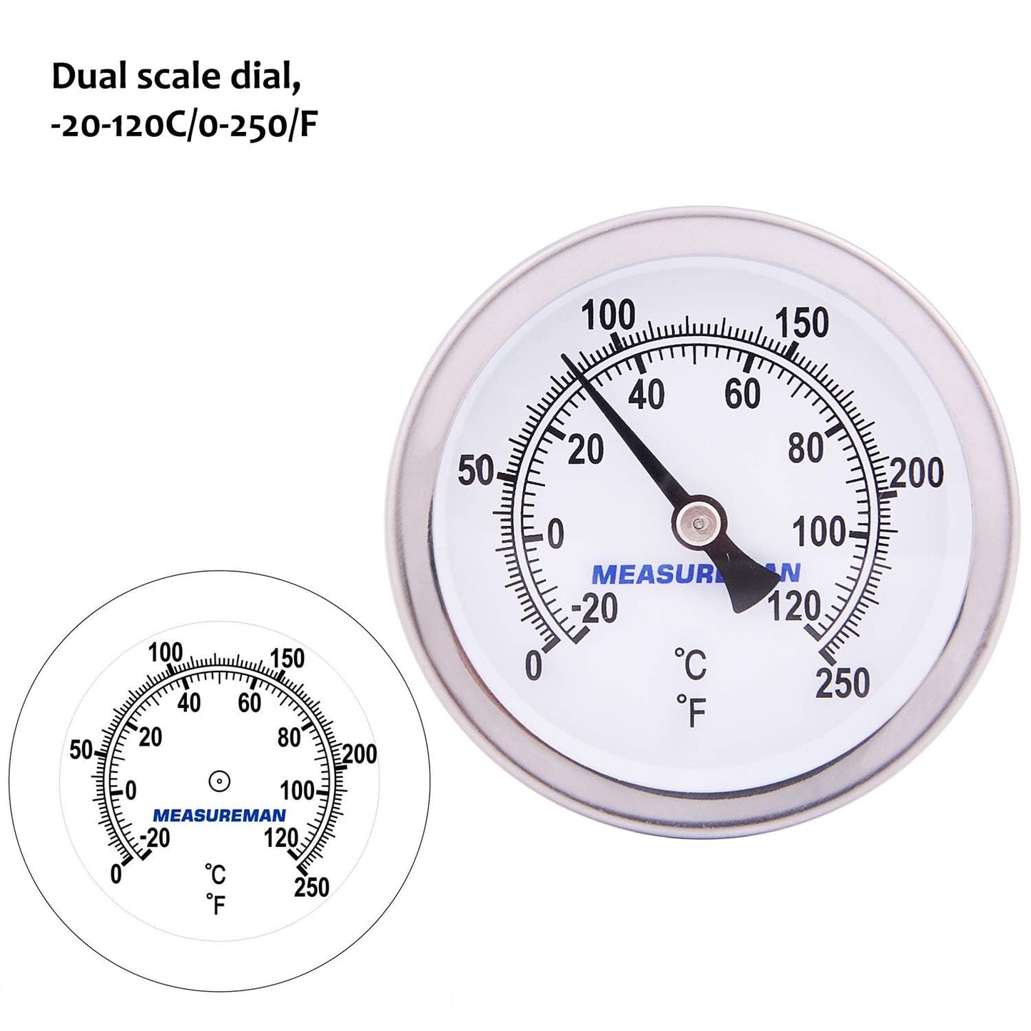 MEASUREMAN Hot Water Bi-Metal Thermometer, 2-1/2" Dial, 1-3/4" Lead-Free Brass Stem, Range 0-250 deg F/-20-120 deg C, 2% Accuracy, Adjustable, 1/2" NPT Back Mount（2 Pack