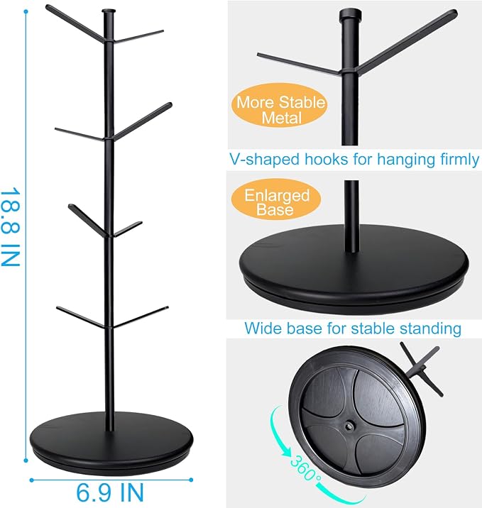 360° Rotating Mug Tree, Large 8 Hooks Upgraded Stable Metal Mug Holder - Image 5