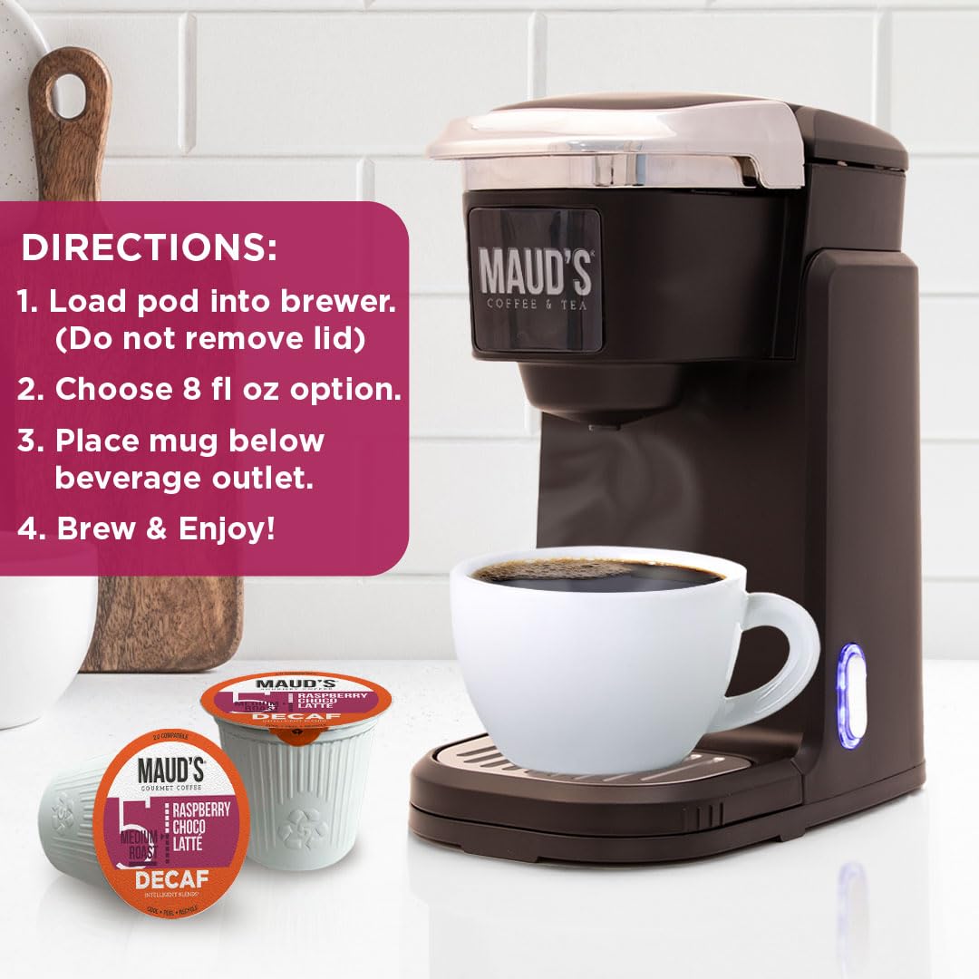 Maud's Decaf Raspberry Chocolate Flavored Coffee Pods, 18 ct, Decaffeinated Medium Roast Flavored Coffee in Recyclable Single Serve Pods – 100% Arabica Beans, Compatible with Keurig K Cups Maker