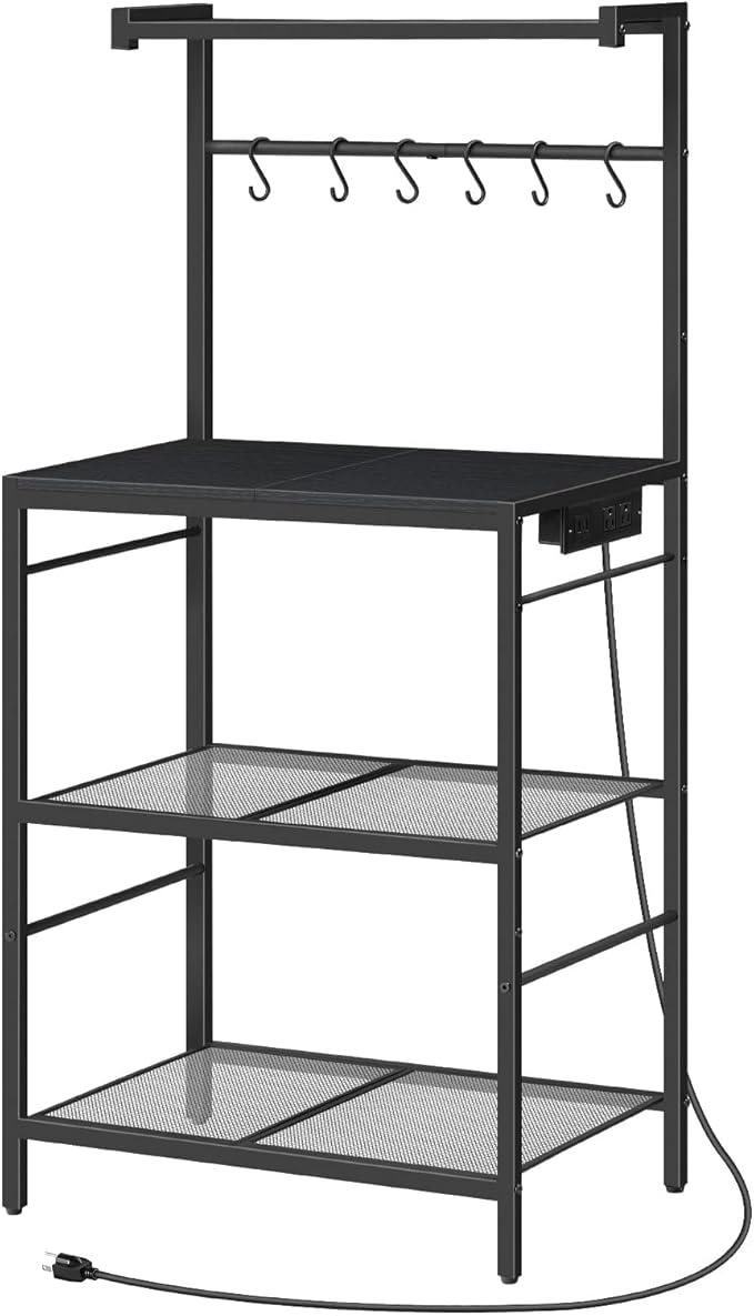 MAHANCRIS Bakers Rack with Power Outlet, Kitchen Storage Shelf with 6 Hooks by MAHANCRIS