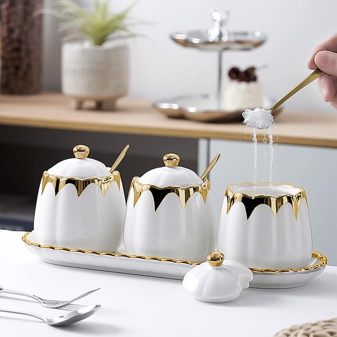Sugar Bowl with Lid and Spoon, Ceramic Condiment Container with Tray, Sugar and - Image 5