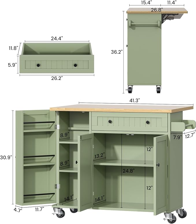 Bigbiglife Kitchen Island with Drop Leaf, Island Table on Wheels with Storage - Image 2