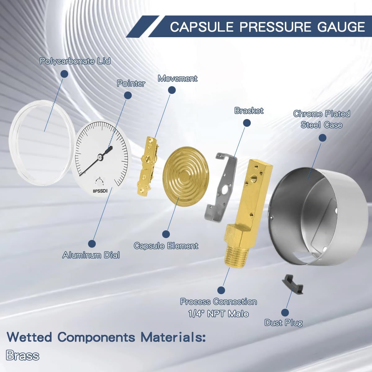0-30 Inches of Water Column Gauge, Low Pressure Gauge, Capsule Gauge with 304 Stainless Steel Case, 2.5" Dial Size, 1/4" NPT Lower Mount, Zero Adjustment, for Air Water Gas Pressure Test