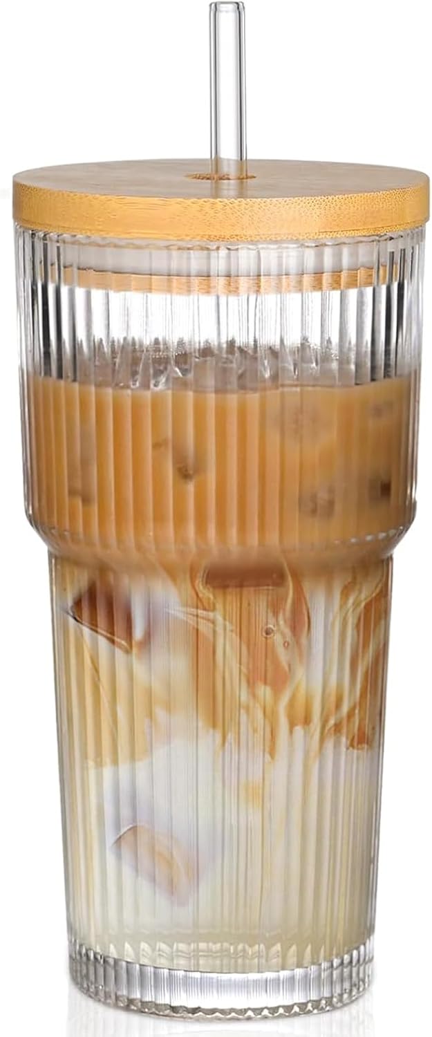 20oz Glass Cups with Lids and Straws,1PCS Ribbed Glass Coffee Cups,Iced Coffee Cups with Lid,Vintage Bamboo Tumbler for Juice,Smoothies
