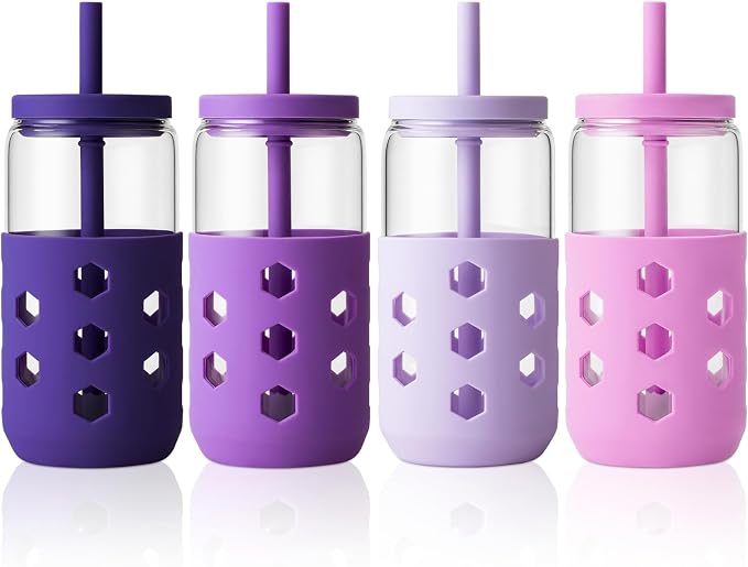 Mrsdry Glass Cups with Lids and Straws, 16oz Drinking Glasses Set with Silicone by Mrsdry