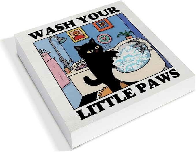 Funny Bathroom Decor Wash Your Little Paw Cute Black Cat Wood Block Sign Decor - Image 3