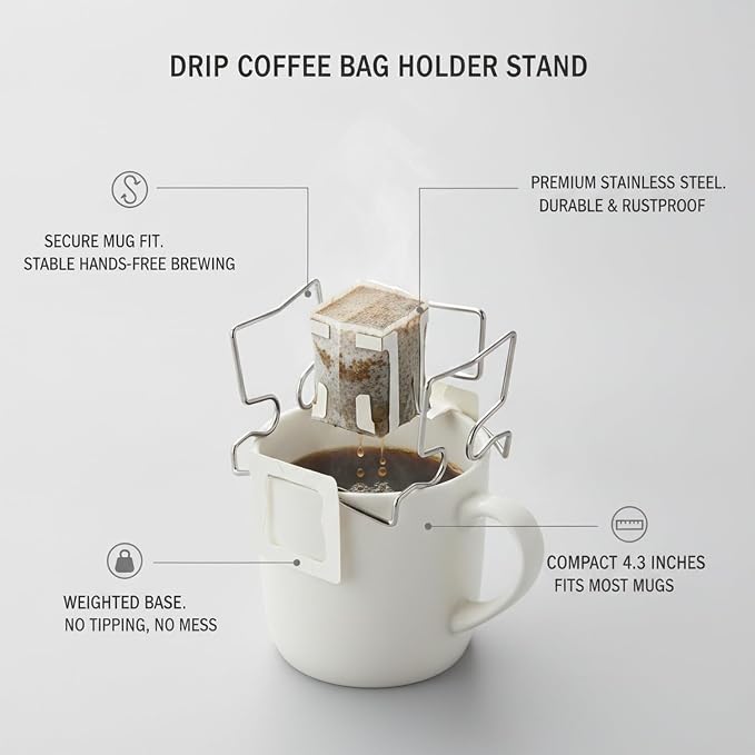 Drip Coffee Bag Holder Stand, Stainless Steel Weighted Base - Image 4