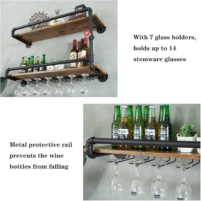 Wine Rack Wall Mounted 2 Tier, Hanging Floating Bar Liquor Shelves - Image 5