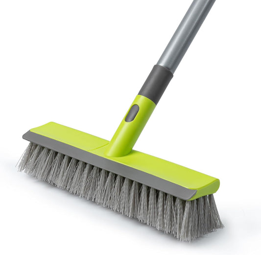 Floor Scrub Brush 2 in 1 Scrubber and Squeegee, Stiff Bristle Deck Brush for Cleaning Concrete, Patio, Garage, Kitchen, Carpet and Bathroom 57" Long Handle